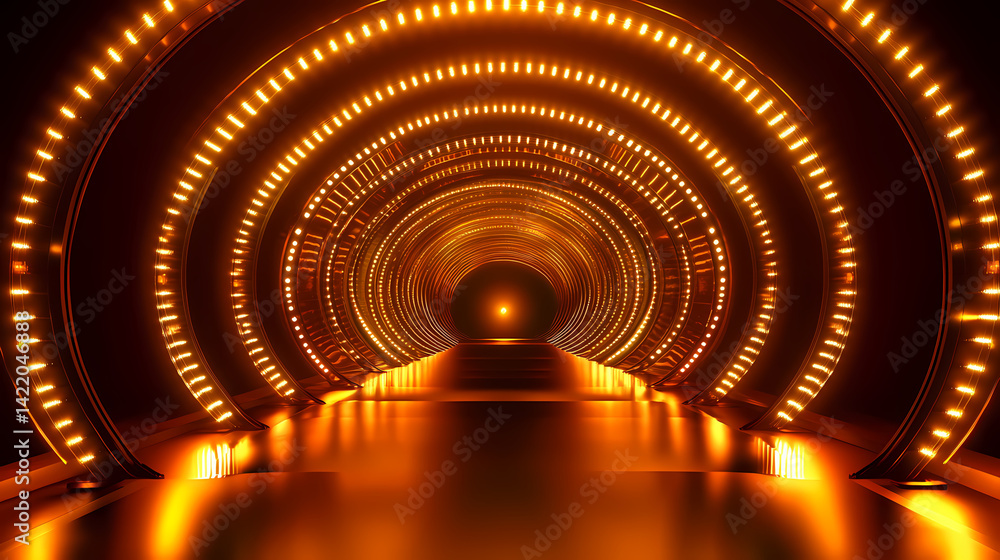 Futuristic neon tunnel with glowing circular lights and reflective floor. Cosmic Illumination. Illustration