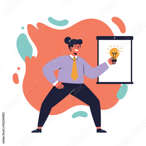 Businessman presenting innovative idea with light bulb on flip chart in colorful abstract background