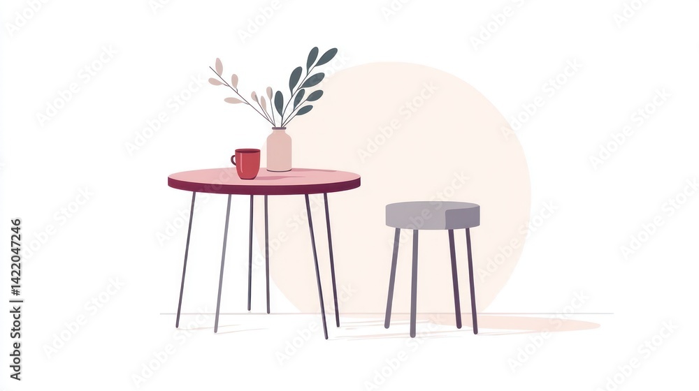 Minimalist table and stool with plants, interior design, simple scene Minimalist table and stool with plants, interior design, simple scene