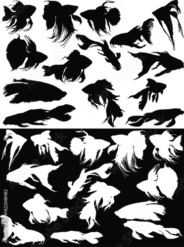 fish silhouettes collection isolated on black and white background