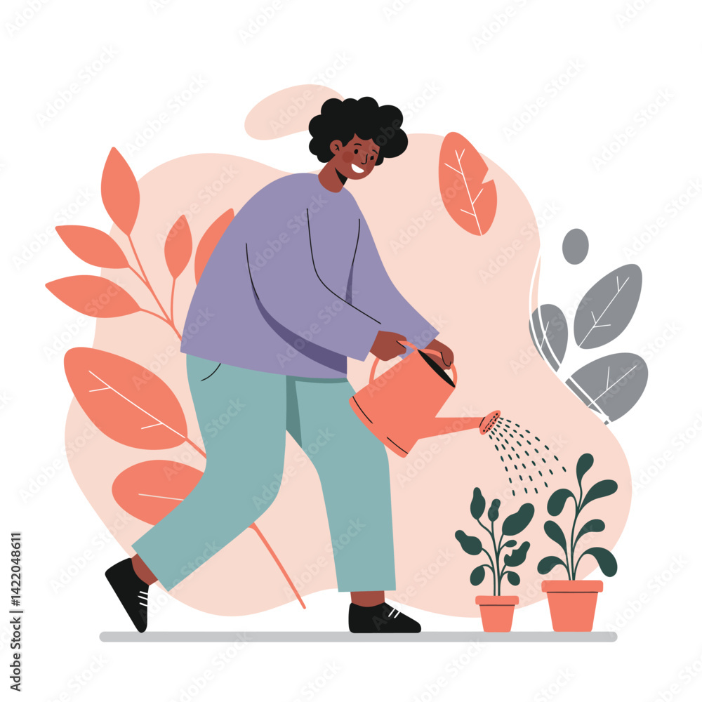 Person watering green plants with orange leaves background in casual outfit indoor gardening activity Person watering green plants with orange leaves background in casual outfit indoor gardening activity