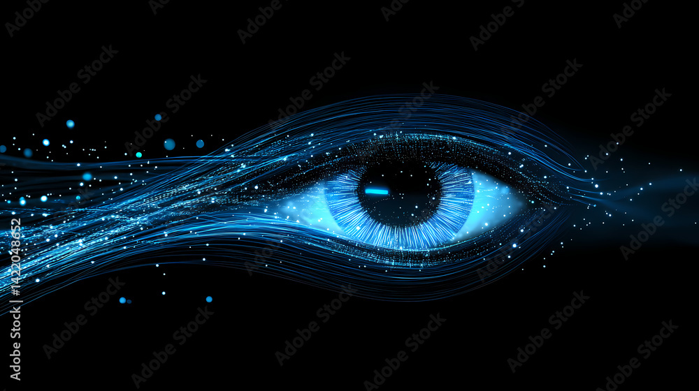 Blue fiber optic cables curving through dark space, emitting soft light, representing digital connectivity and data flow, futuristic tech concept. Interstellar Fibers. Illustration