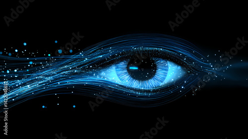 Obraz na płótnie Blue fiber optic cables curving through dark space, emitting soft light, representing digital connectivity and data flow, futuristic tech concept. Interstellar Fibers. Illustration w salonie