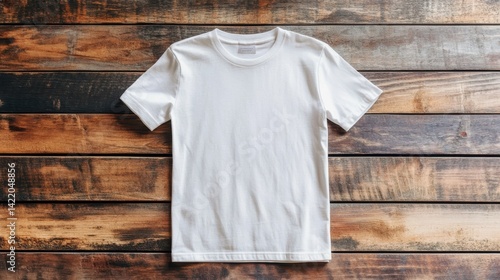 Wallpaper Mural White T Shirt mockup flat lay on wood. Torontodigital.ca