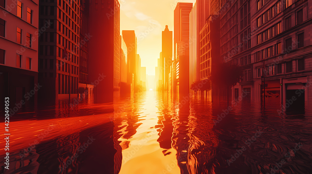 Heatwave in a city, with mirage effects visible on the hot asphalt generative ai. Mirage Flood. Illustration
