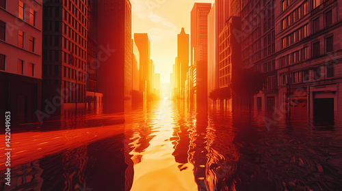 Obraz na płótnie Heatwave in a city, with mirage effects visible on the hot asphalt generative ai. Mirage Flood. Illustration w salonie