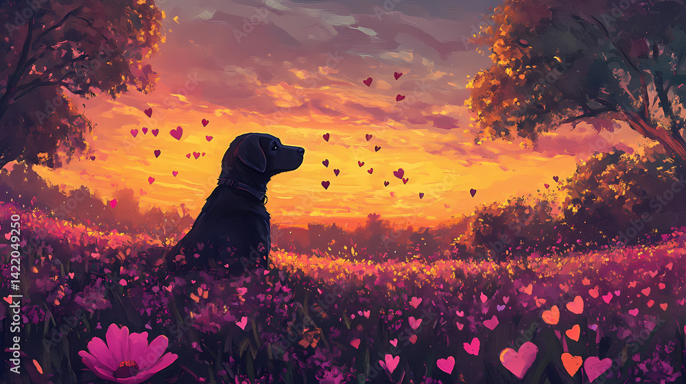 Sweet dreams black dog in a flower field at sunset with falling hearts. Wraith-Touched Tapestry. Illustration
