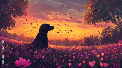 Obraz na płótnie Sweet dreams black dog in a flower field at sunset with falling hearts. Wraith-Touched Tapestry. Illustration w salonie