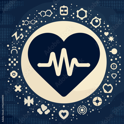 Stylized heart with pulse line surrounded by medical icons representing healthcare and wellness