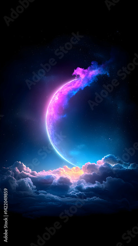 Crescent Moon Glowing with Cosmic Colors Above Clouds at Night