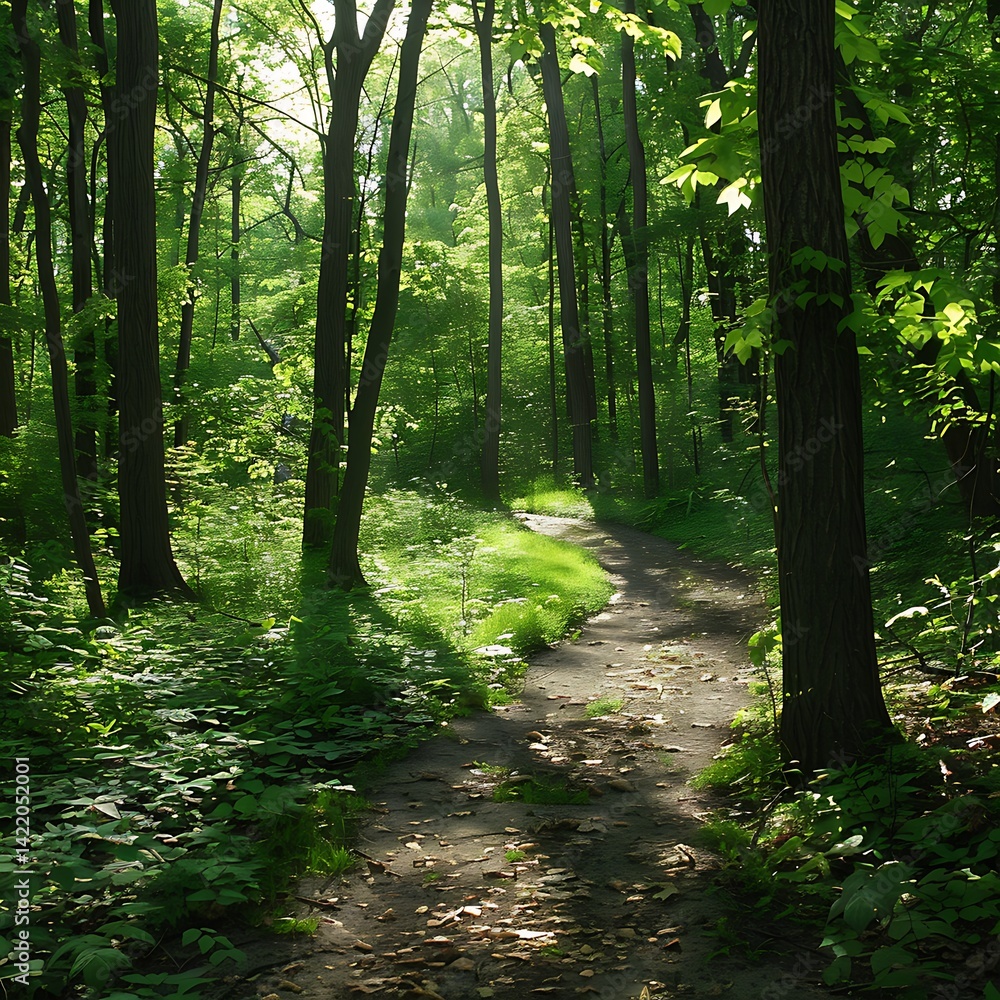 Obraz premium Sunlight filters through lush green trees, illuminating a dirt path winding through a peaceful forest. Represents nature, tranquility, hiking, and exploration. 