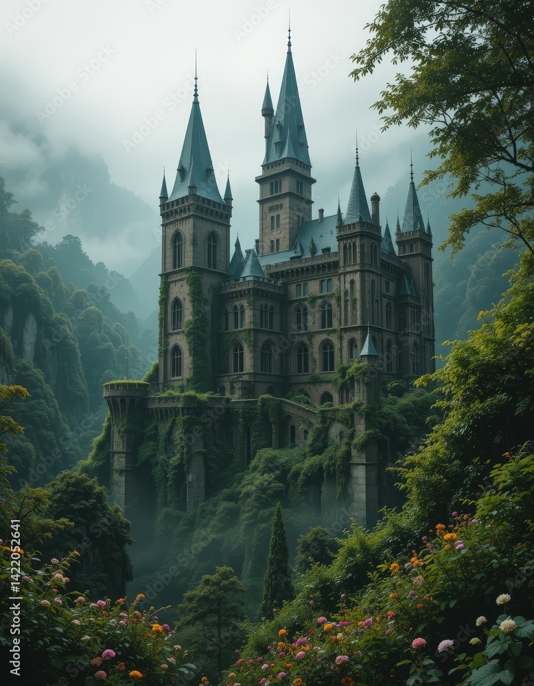 Naklejka premium A majestic stone castle rises amidst a lush forest, its tall towers and battlements peeking through vibrant green trees, creating a captivating blend of nature and history.