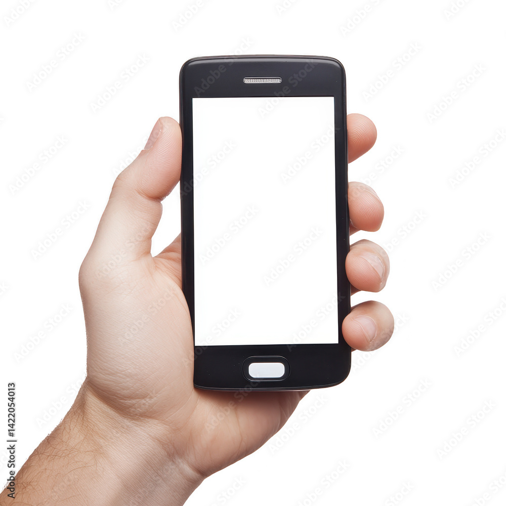 hand holding black smartphone with blank white screen, isolated on transparency background. image focuses on device, showcasing its sleek design and modern technology hand holding black smartphone with blank white screen, isolated on transparency background. image focuses on device, showcasing its sleek design and modern technology