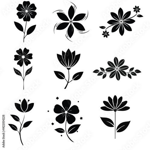Draw a minimalist black floral element with artistic flair