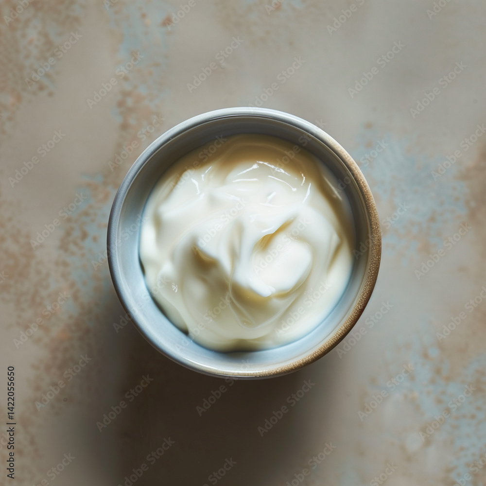 Top View of Yogurt in Small Bowl on Beige Marble, Rustic Style