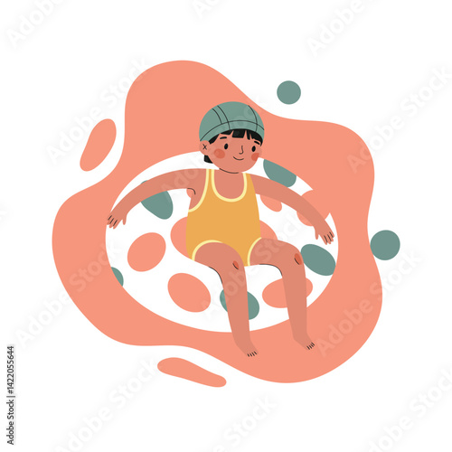 Child floating in swimming ring wearing cap and yellow swimsuit in abstract water shapes illustration 