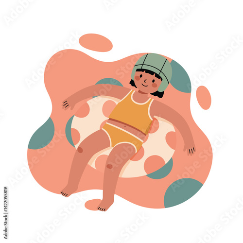 Child floating on inflatable swim ring in playful summer water scene with orange and green shapes 