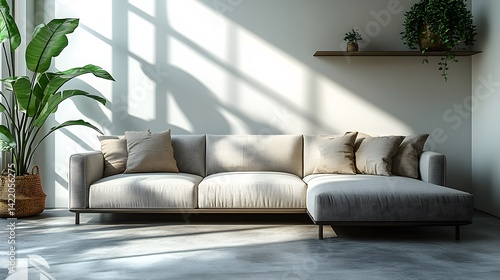 Desain interior minimalis ruang tamu modern dengan sofa abu-abu di dinding putih, dilengkapi rak dan tanaman di lantai beton. Mock-up latar belakang interior. Lensa sudut lebar, pencahayaan realistis