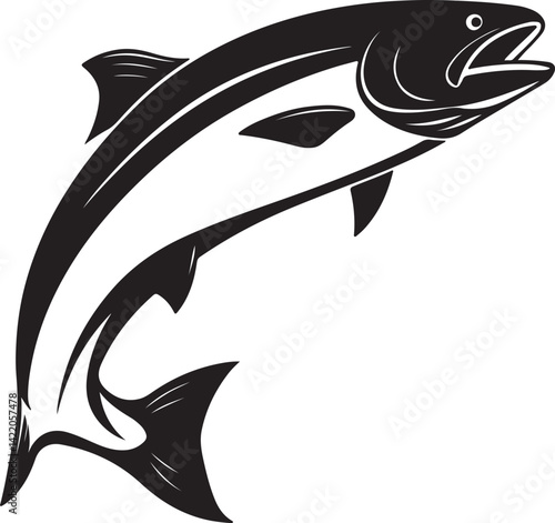 Minimalistic Atlantic Salmon Vector on White Background and Salmon Ocean and River Fish Line Icon Set
