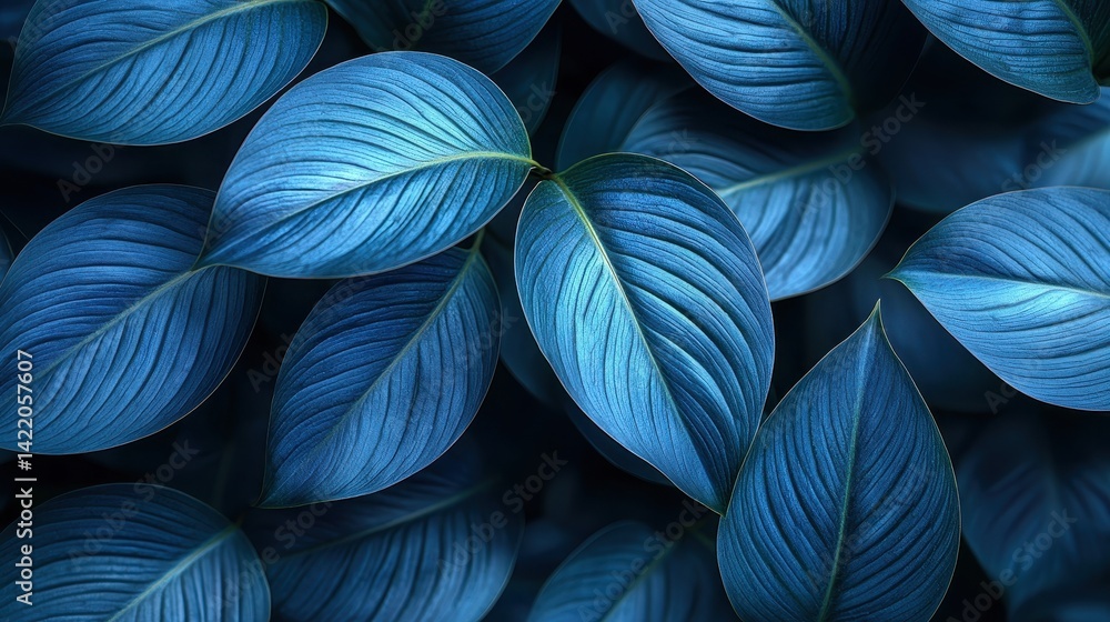 Close-up of vibrant blue leaves overlapping in a dark background, showcasing nature's beauty Close-up of vibrant blue leaves overlapping in a dark background, showcasing nature's beauty