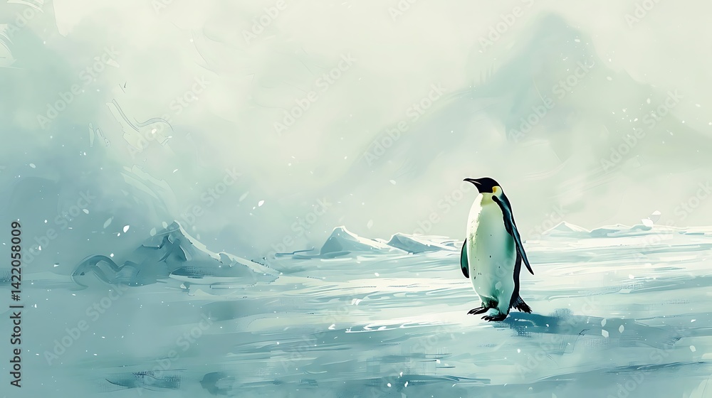Obraz premium A lone penguin waddling across an icy landscape, surrounded by snow and icebergs
