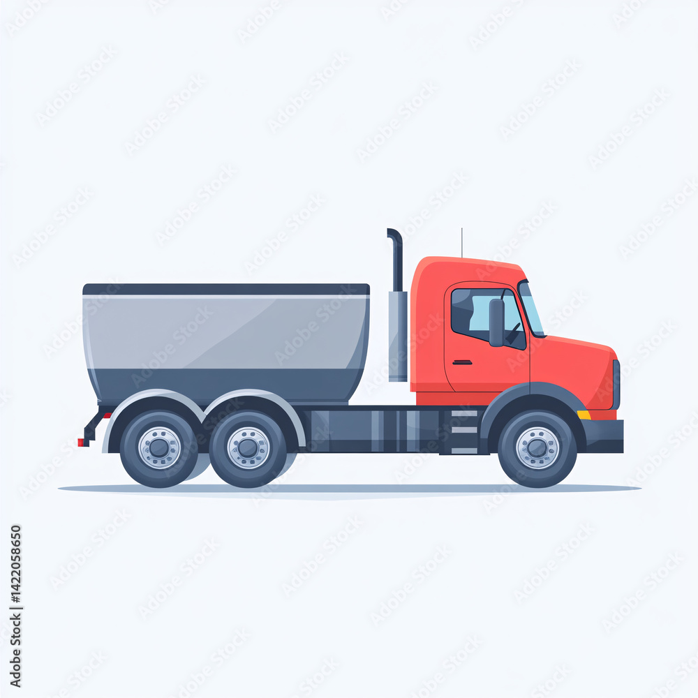 Fototapeta premium red dump truck illustration in side view, modern stylized transport vehicle with container and bold cab, clean vector design for logistics, shipping or construction themes