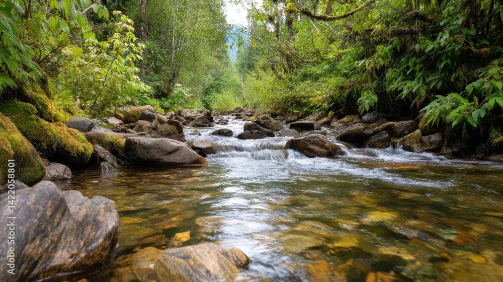 Obraz premium Serene river flowing through lush greenery in a tranquil forest setting, showcasing nature's beauty