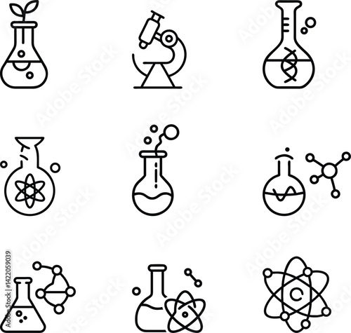 Science Lab Icons Line icon set. DNA, Molecule, Atom, Microscope Vector Set
