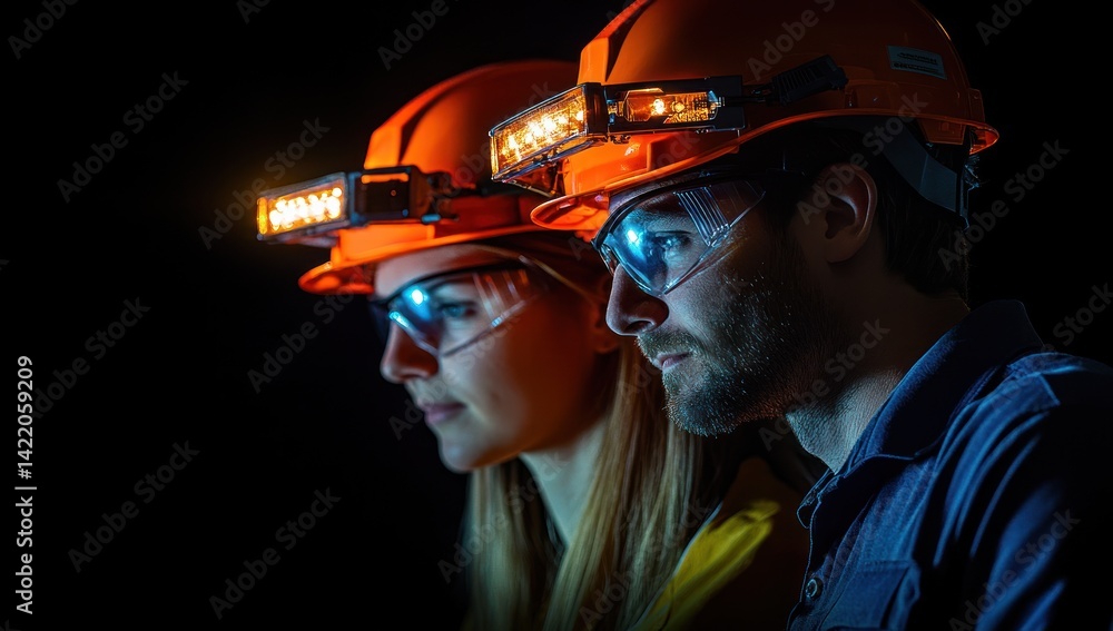 Fototapeta premium Three workers wearing hard hats and safety glasses look forward in a dark setting.