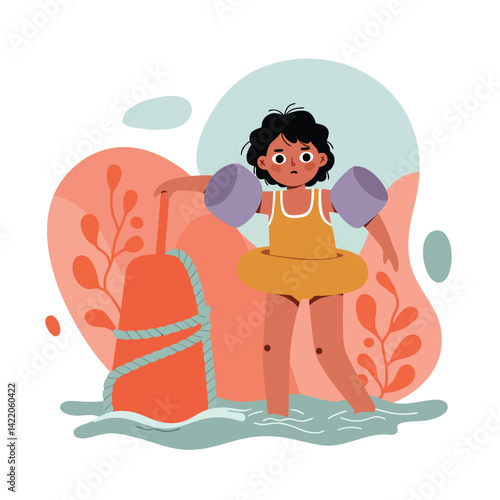 Child standing in water wearing floaties and a yellow dress with abstract background shapes in orange and green tones 