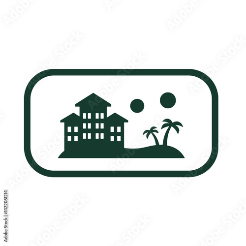 Beach resort icon for vacation booking platforms and tropical travel guides