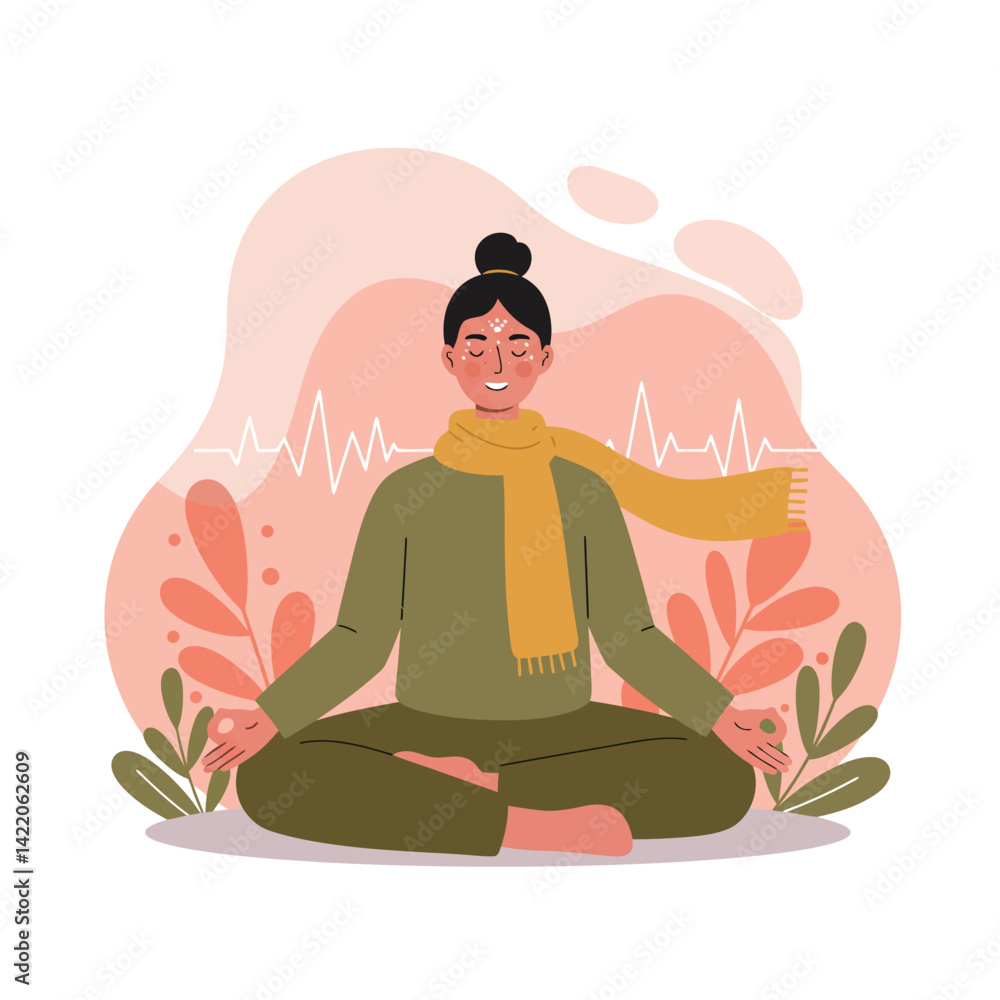 Woman Meditating in Lotus Pose with Autumn Leaves and Calm Energy Background for Mindfulness and Relaxation Practices Woman Meditating in Lotus Pose with Autumn Leaves and Calm Energy Background for Mindfulness and Relaxation Practices
