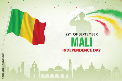 Mali Flag Waving With Army Soldier and Air Show On Skyline Background. Independence Day Concept Design Vector Illustration.