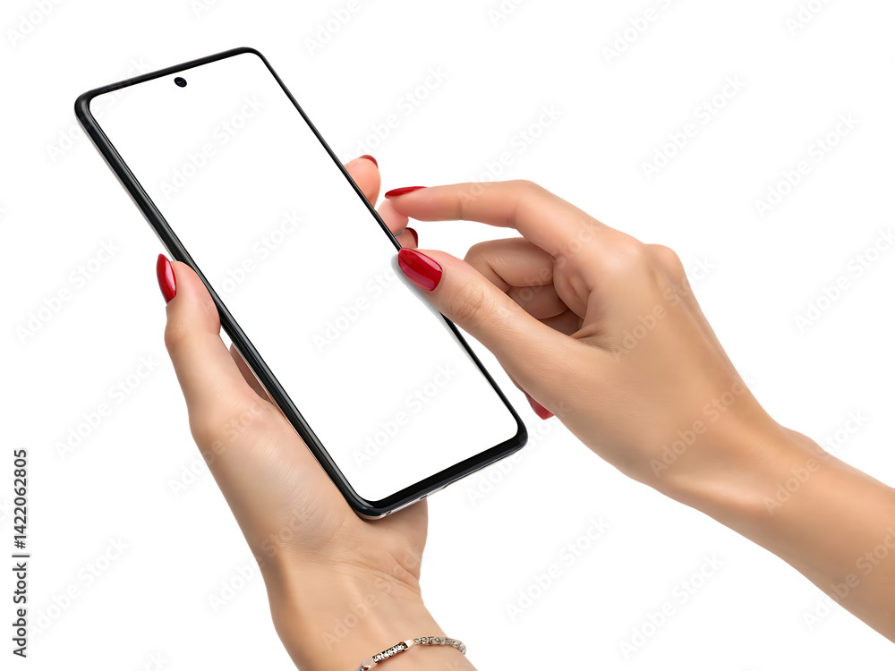 Female hands using smartphone touchscreen isolated on white background Female hands using smartphone touchscreen isolated on white background