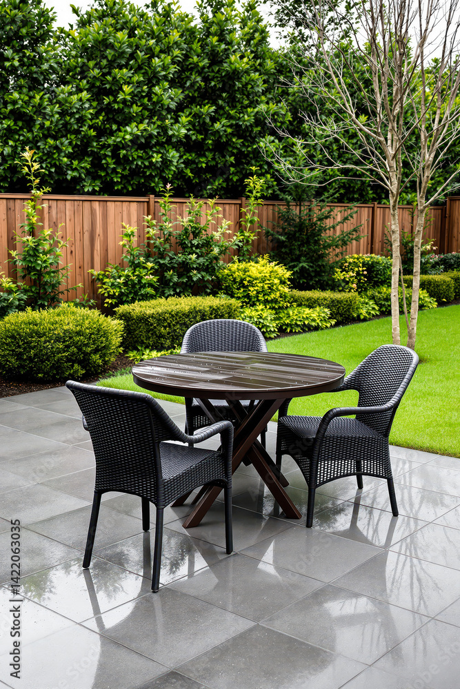 Fototapeta premium dark brown round table and four black wicker chairs on wet stone patio