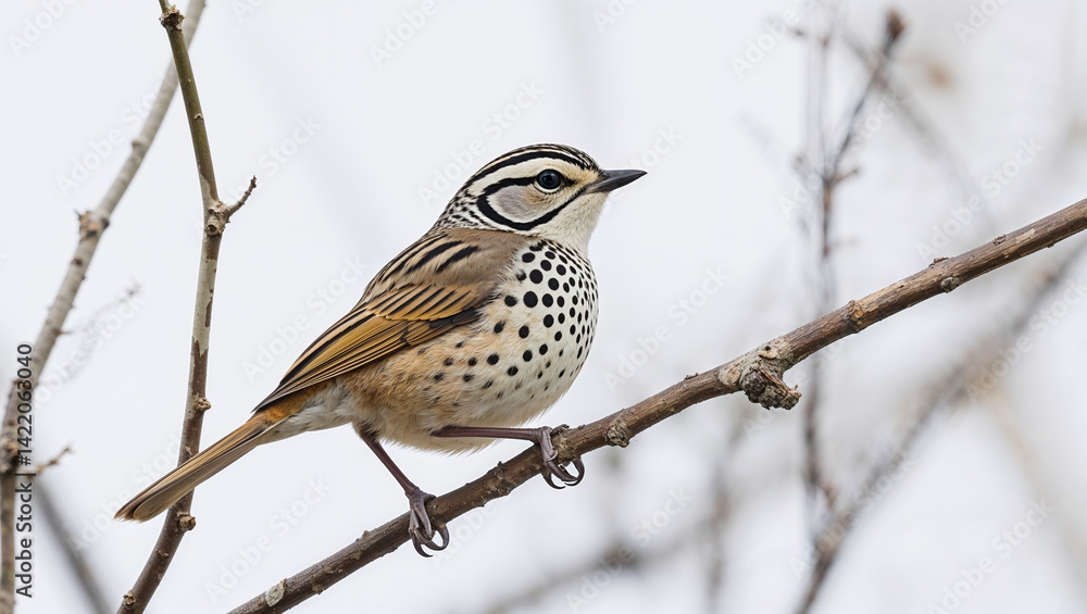 Striated Field Sparrow Perched Gracefully On A Branch Against A Bright Background Striated Field Sparrow Perched Gracefully On A Branch Against A Bright Background