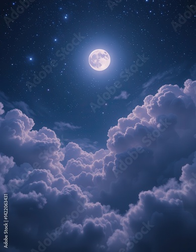A luminous full moon casts a soft, silvery glow over a sea of fluffy, white clouds, creating a serene and enchanting night sky filled with twinkling stars.