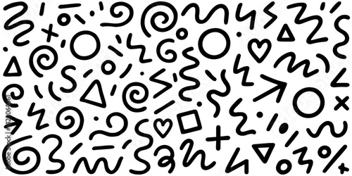 Hand-drawn black abstract doodles including swirls, arrows, and geometric shapes on a white seamless background, ideal for design projects. Vector illustration