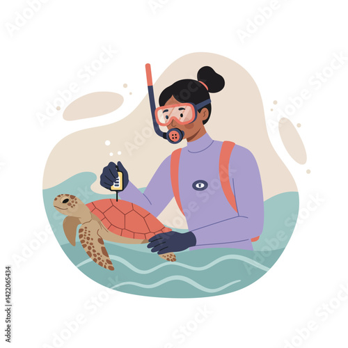 Marine biologist in snorkeling gear holding sea turtle testing water quality in ocean environment conservation effort 