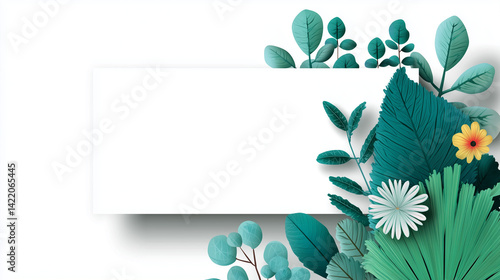 Floral Frame with Green Leaves and White and Yellow Flowers