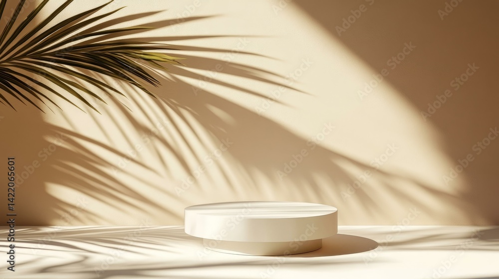 Modern Minimalist Product Display with Sunlight and Palm Leaf Shadows Modern Minimalist Product Display with Sunlight and Palm Leaf Shadows
