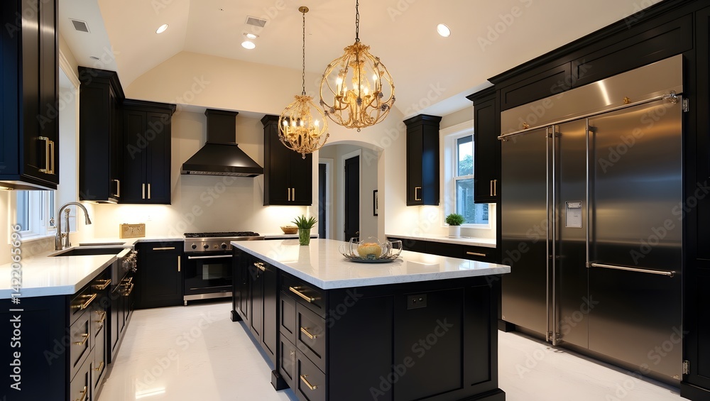 Fototapeta premium Bold black-and-gold kitchen with luxury design.