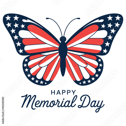 A beautifully minimalistic illustration of a butterfly adorned with red, white, and blue stars and stripes. The butterfly's wings are intricately designed with a patriotic color scheme  happy memorail