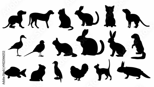 Silhouettes of Domestic and Farm Animals – Vector Set of Pet and Bird Icons