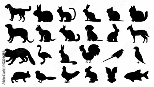 Silhouettes of Domestic and Farm Animals – Vector Set of Pet and Bird Icons