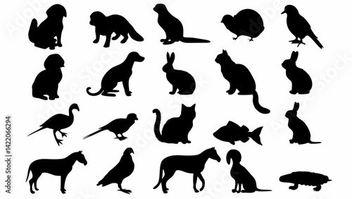 Silhouettes of Domestic and Farm Animals – Vector Set of Pet and Bird Icons