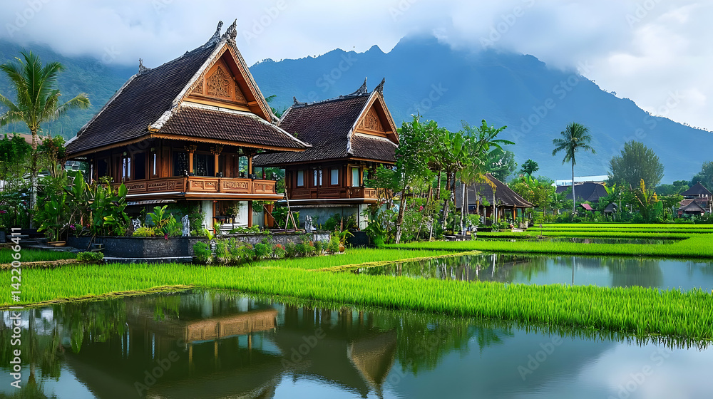 Traditional Wooden Houses by Rice Paddies and Mountains Traditional Wooden Houses by Rice Paddies and Mountains