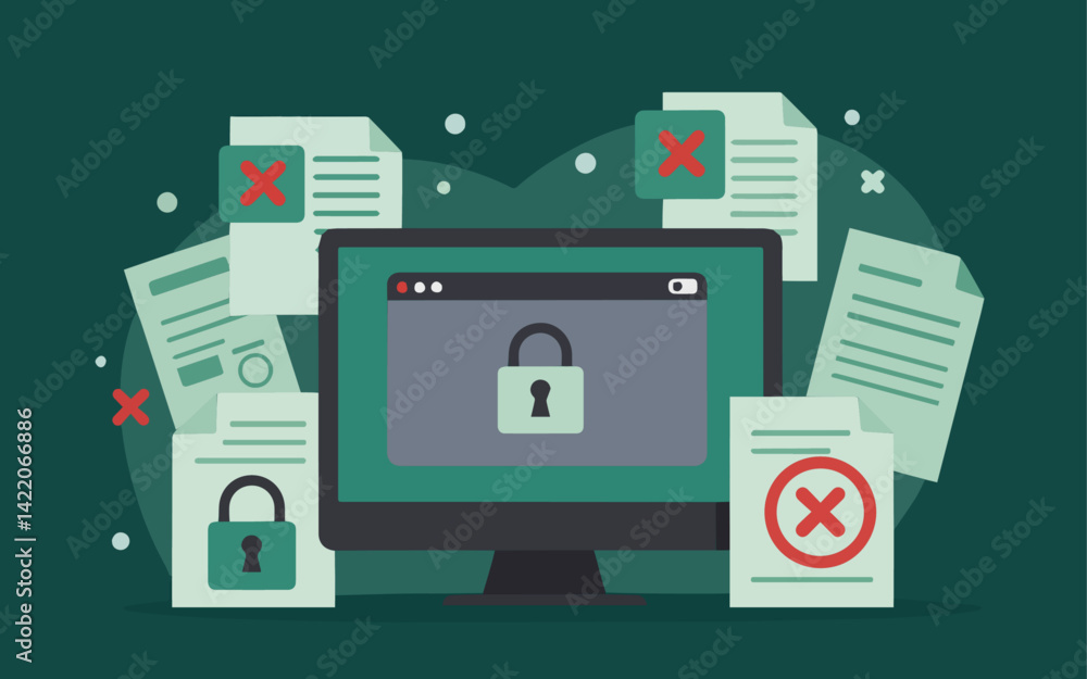 A computer monitor with a padlock is surrounded by secured and restricted documents, illustrating data security and access control. A computer monitor with a padlock is surrounded by secured and restricted documents, illustrating data security and access control.