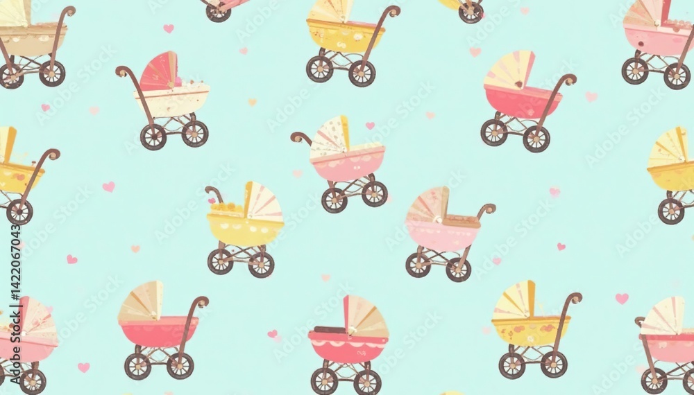 Cute stroller pattern, pastel colors, repeating design, background, decor, stroller Cute stroller pattern, pastel colors, repeating design, background, decor, stroller