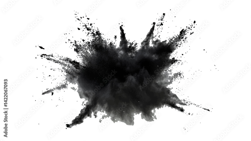 Black opwder burst explosion splash isolated on transparent white background. Vector holi colors. Vector black ink powder explosion isolated on white background. Black opwder burst explosion splash isolated on transparent white background. Vector holi colors. Vector black ink powder explosion isolated on white background.